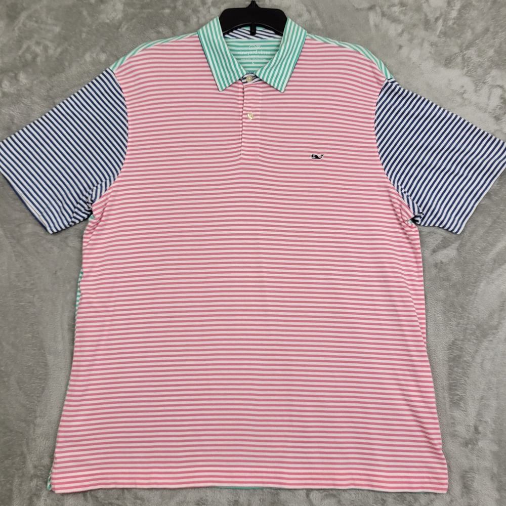 Vineyard Vines Pink & Mint Striped Polo with Navy Sleeves